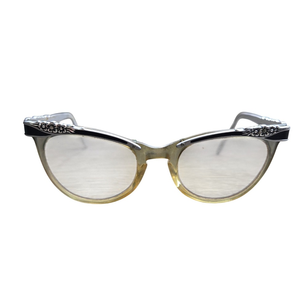 Vintage American Optical Cat Eye Eyeglasses Frame Only Silver Floral Black 5 1/2